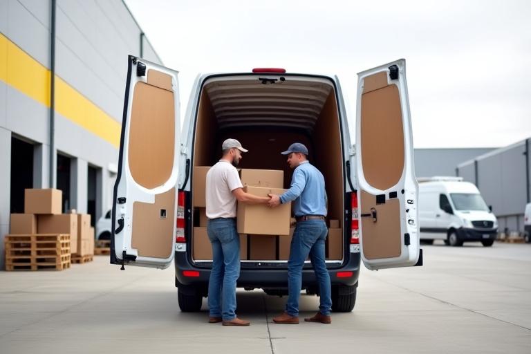 Una furgoneta comercial blanca siendo cargada en una zona industrial