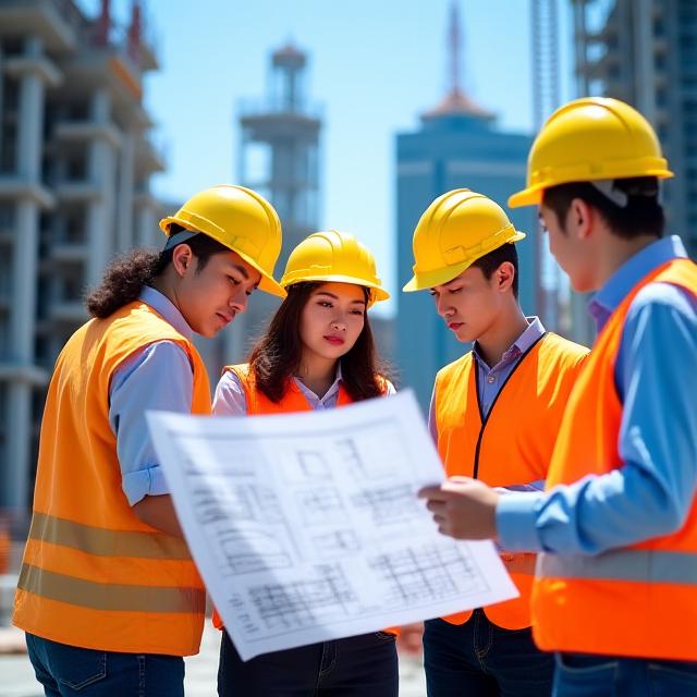 Construction management team reviewing blueprints on site